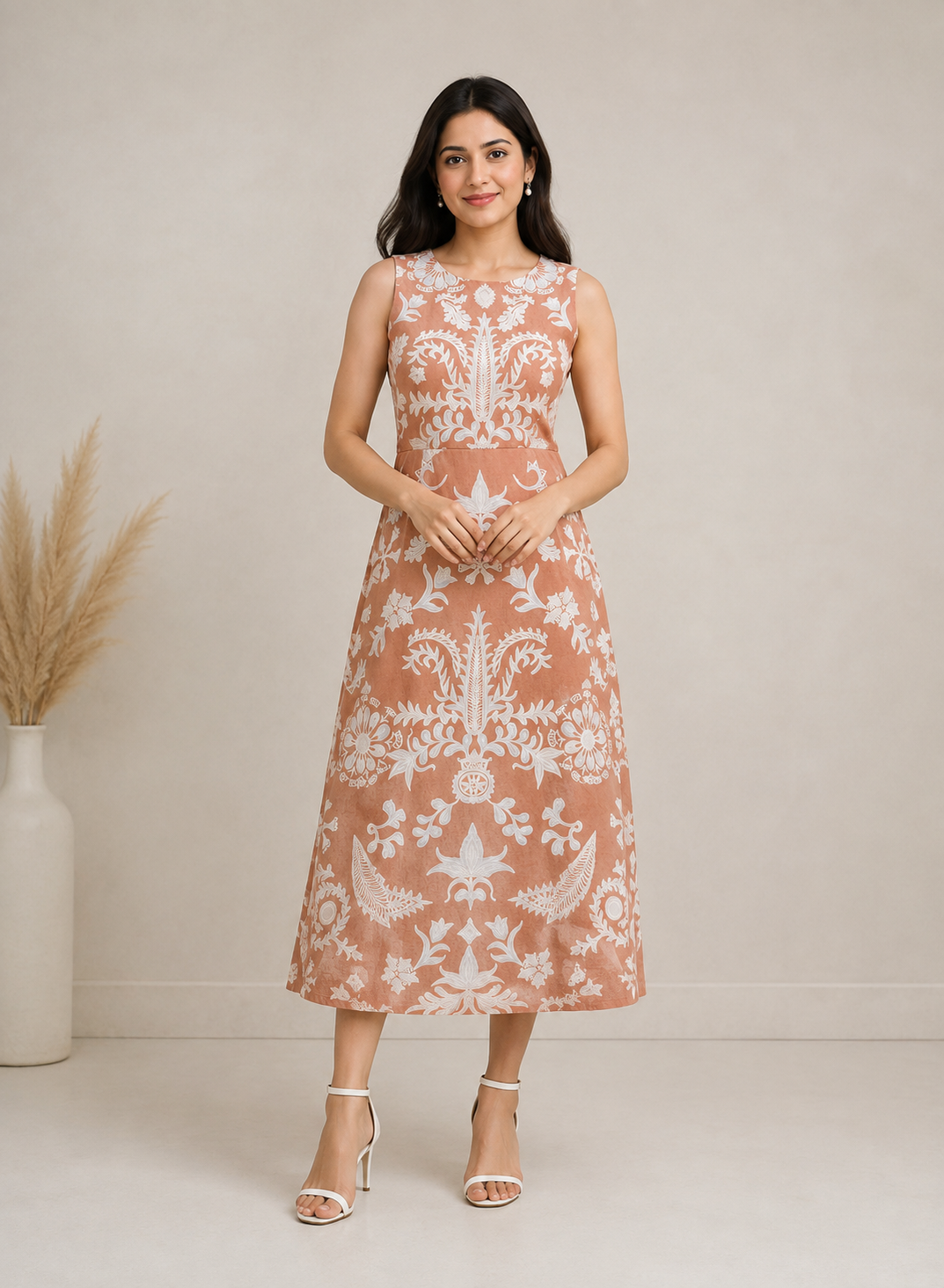 Terracotta Floral Printed A-Line Midi Dress