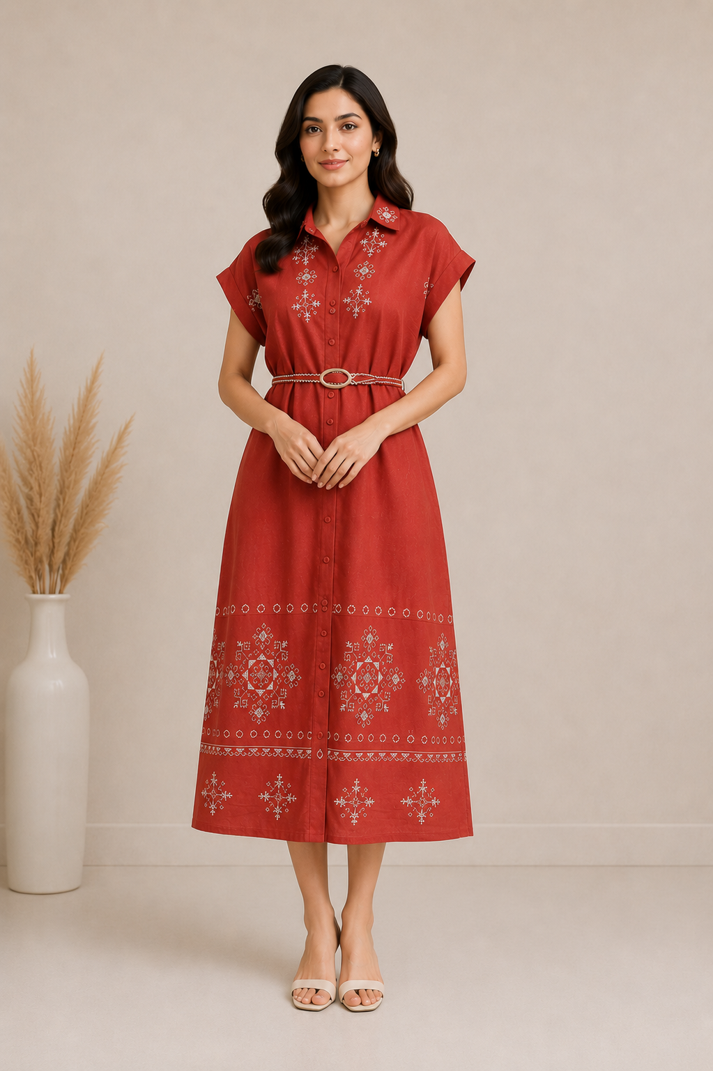 Maroon Embroidered Belted Shirt Dress