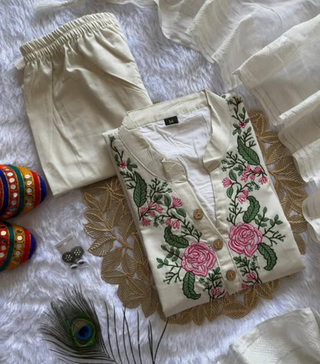 Ivory Floral Embroidered Kurta Pant Dupatta Set