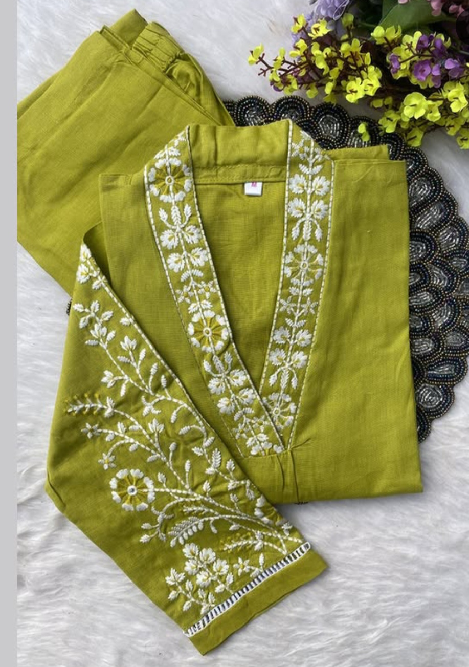 Olive Green Floral Embroidered Kurta Pant Dupatta Set