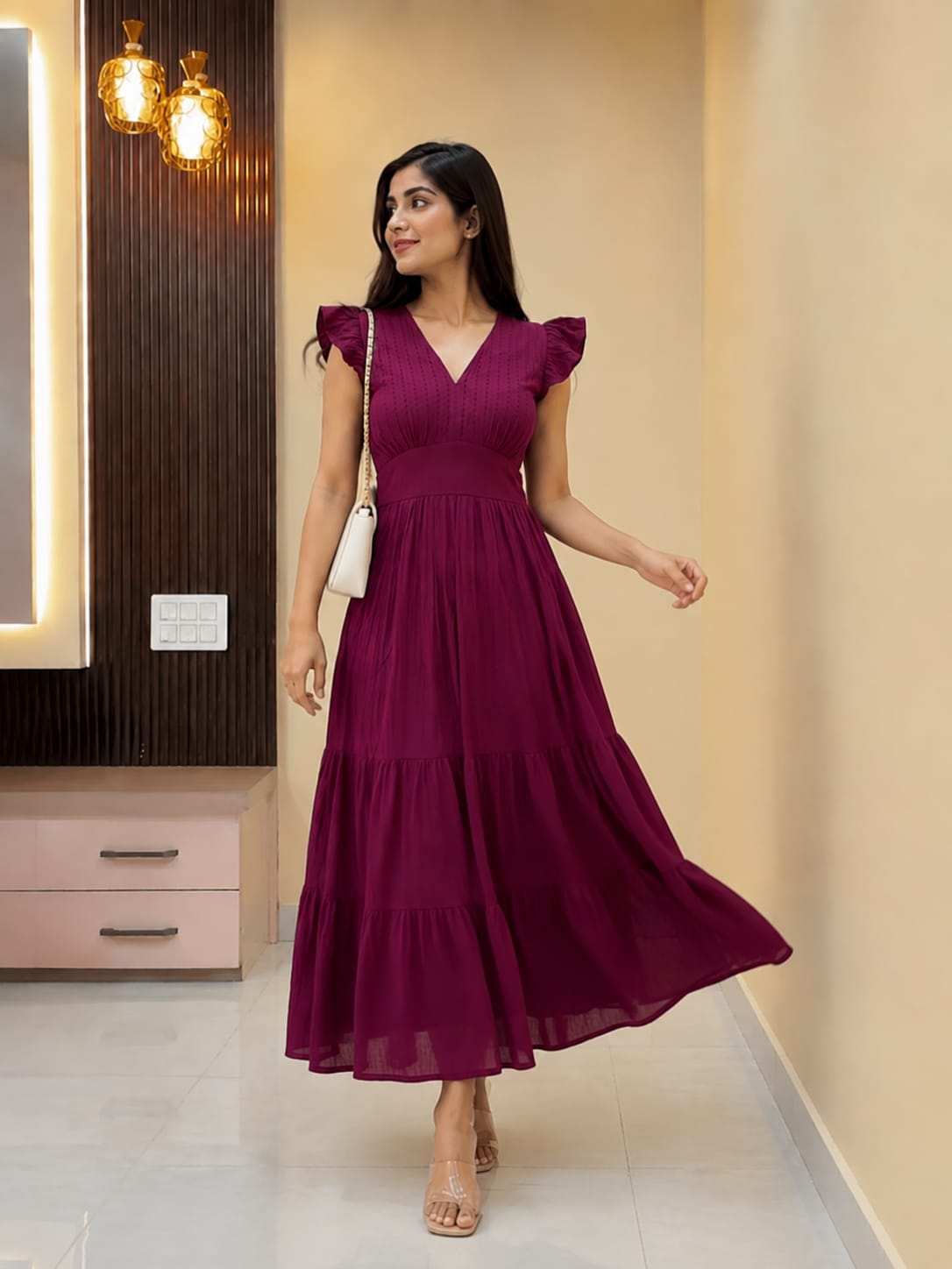 Wine Ruffle Sleeve Tiered Maxi Dress